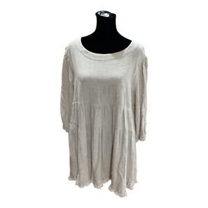 Umgee USA Oatmeal Beige Linen Blend Tiered Babydoll Dress Frayed Hem Medium